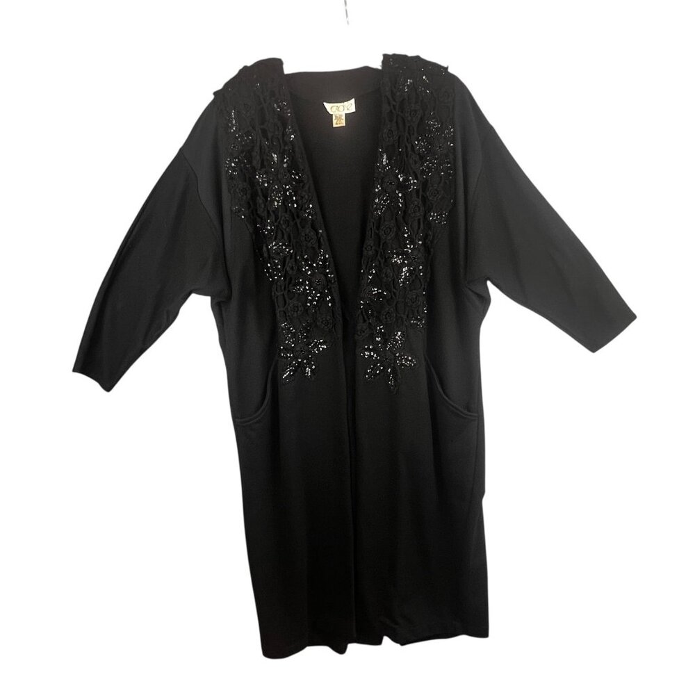 VTG Y2K Cache L Black Beaded Crochet Sequin Cardigan Jacket Open Front Boho Chic